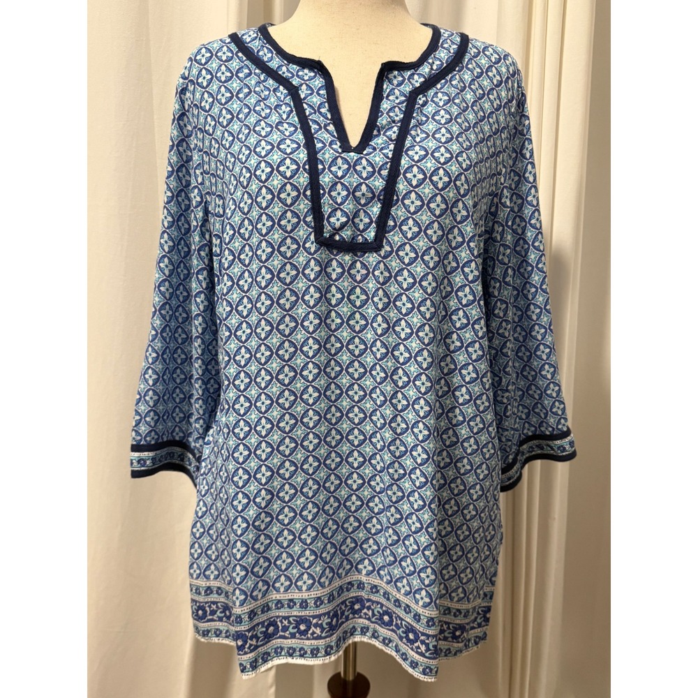 Talbots Plus 1X Blue Tile Print Tunic Top Split Neck 3/4 Sleeve Rayon Popover